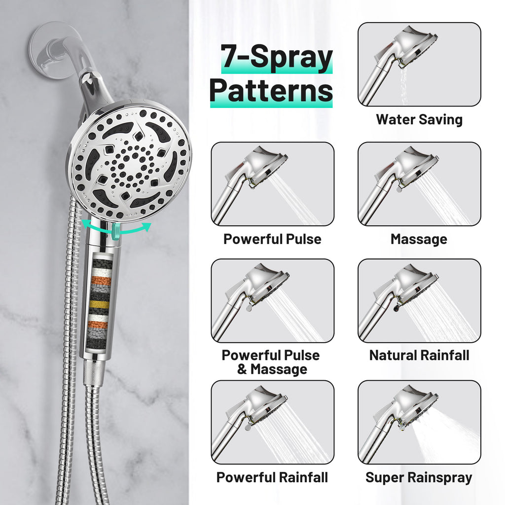 7-Spray Pattern 4.92 in. Wall Mount Handheld System Heads 1.8 GPM with Filter，Removable Shower hose in Chrome
