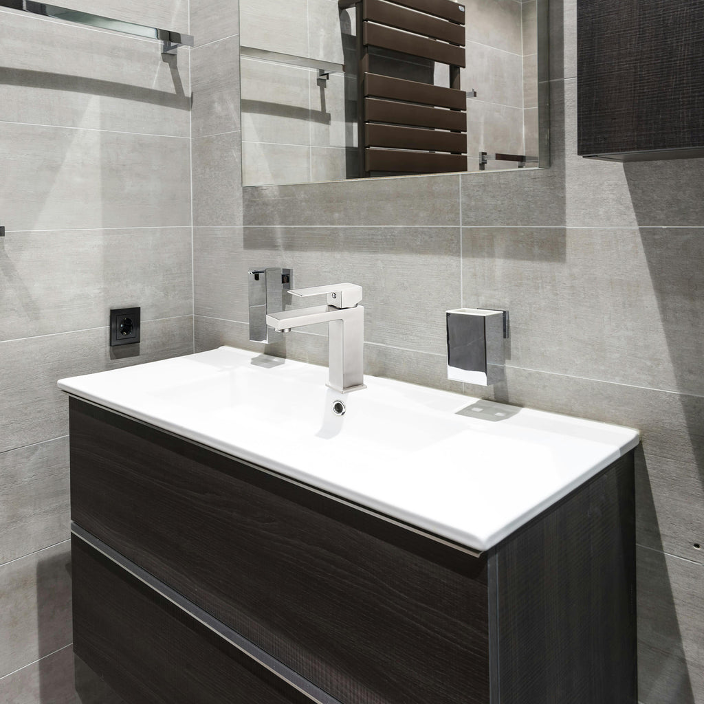 Square Single Handle Single Hole Bathroom Faucet in Brushed Nickel