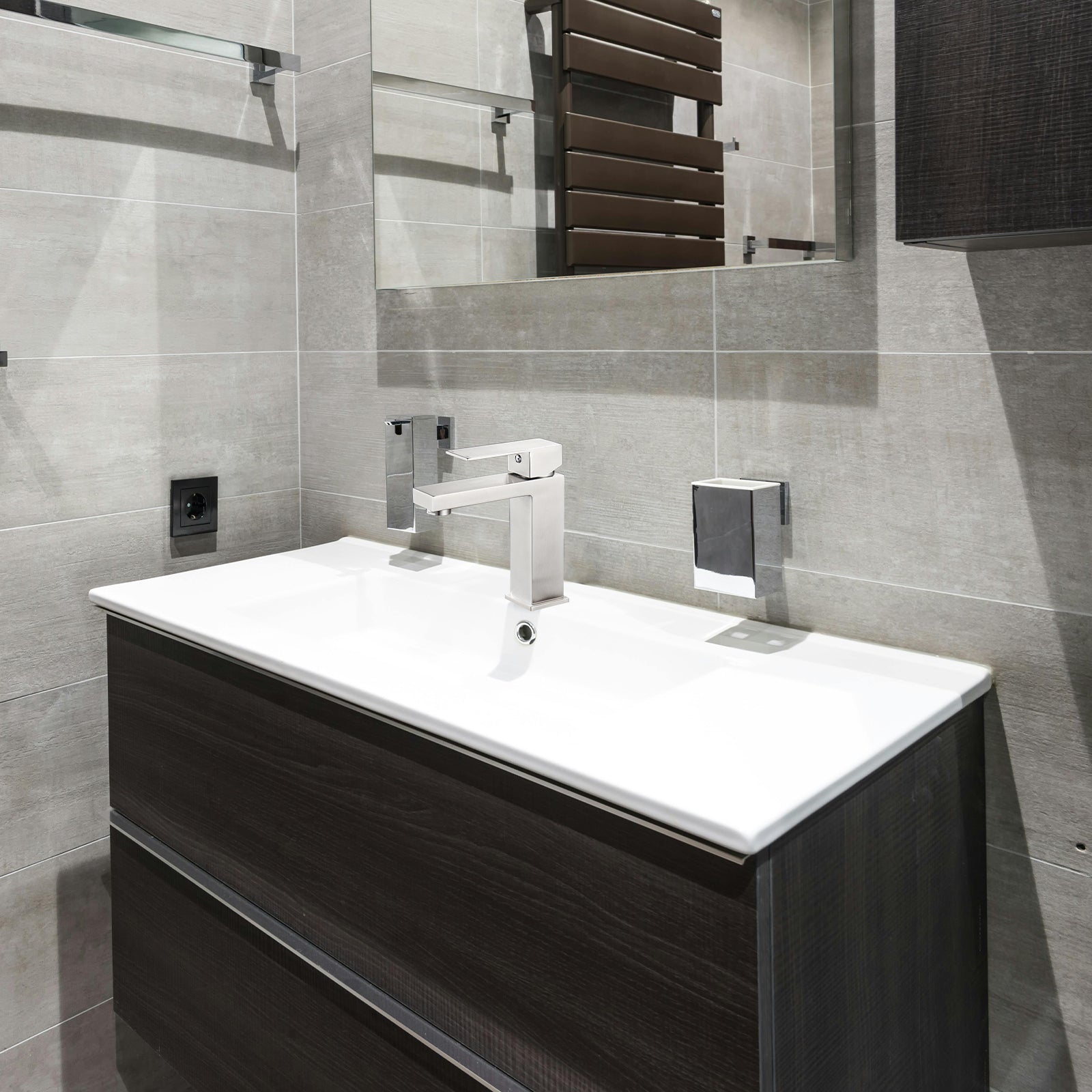 Square Single Handle Single Hole Bathroom Faucet in Brushed Nickel