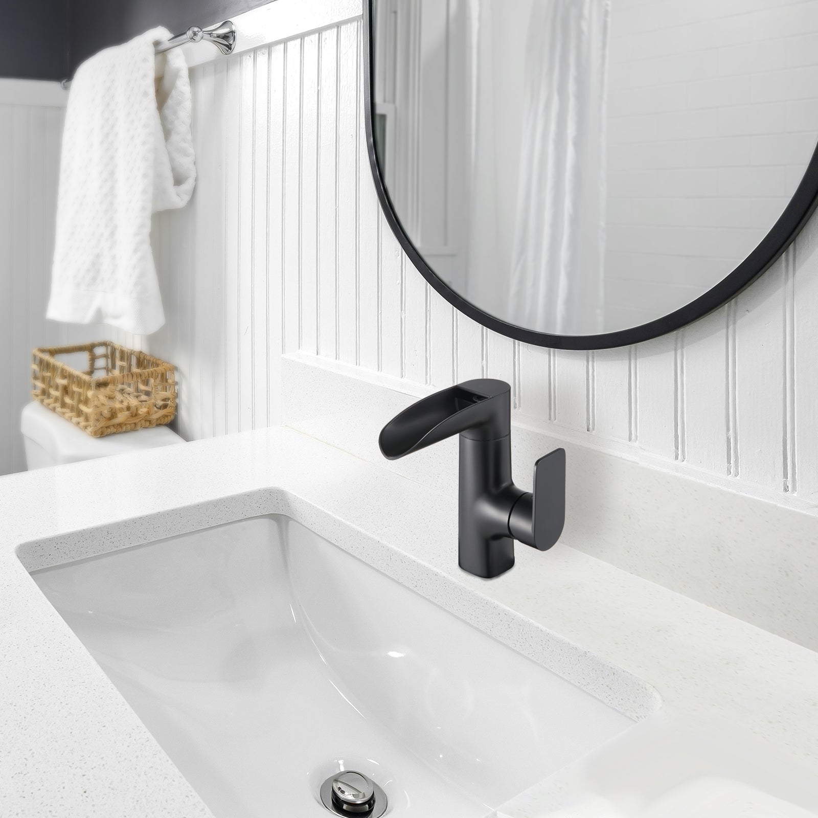 Waterfall Single Handle Single Hole Low Arc Bathroom Faucet With Metal Pop Up Drain Assembly Sink Faucet in Matte Black