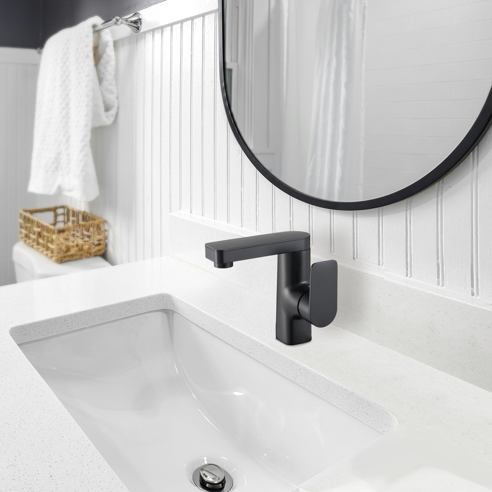 Single Handle Single Hole Low Arc Bathroom Faucet With Metal Pop Up Drain Assembly Swivel Sink Faucet in Matte Black