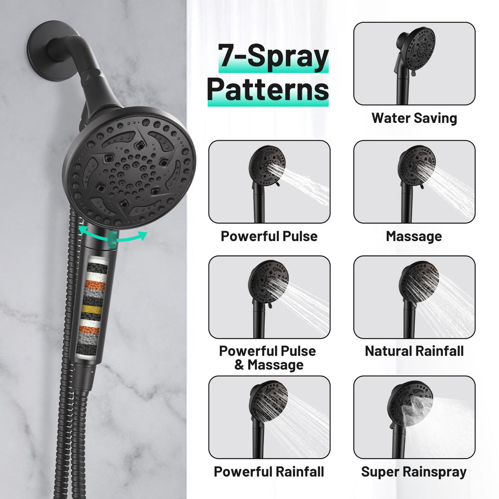 Rainfull 7-Spray Handheld Shower Faucet Kit with Valve 1.8 GPM and 4.9 in. Adjustable Filtered Shower Head in Black