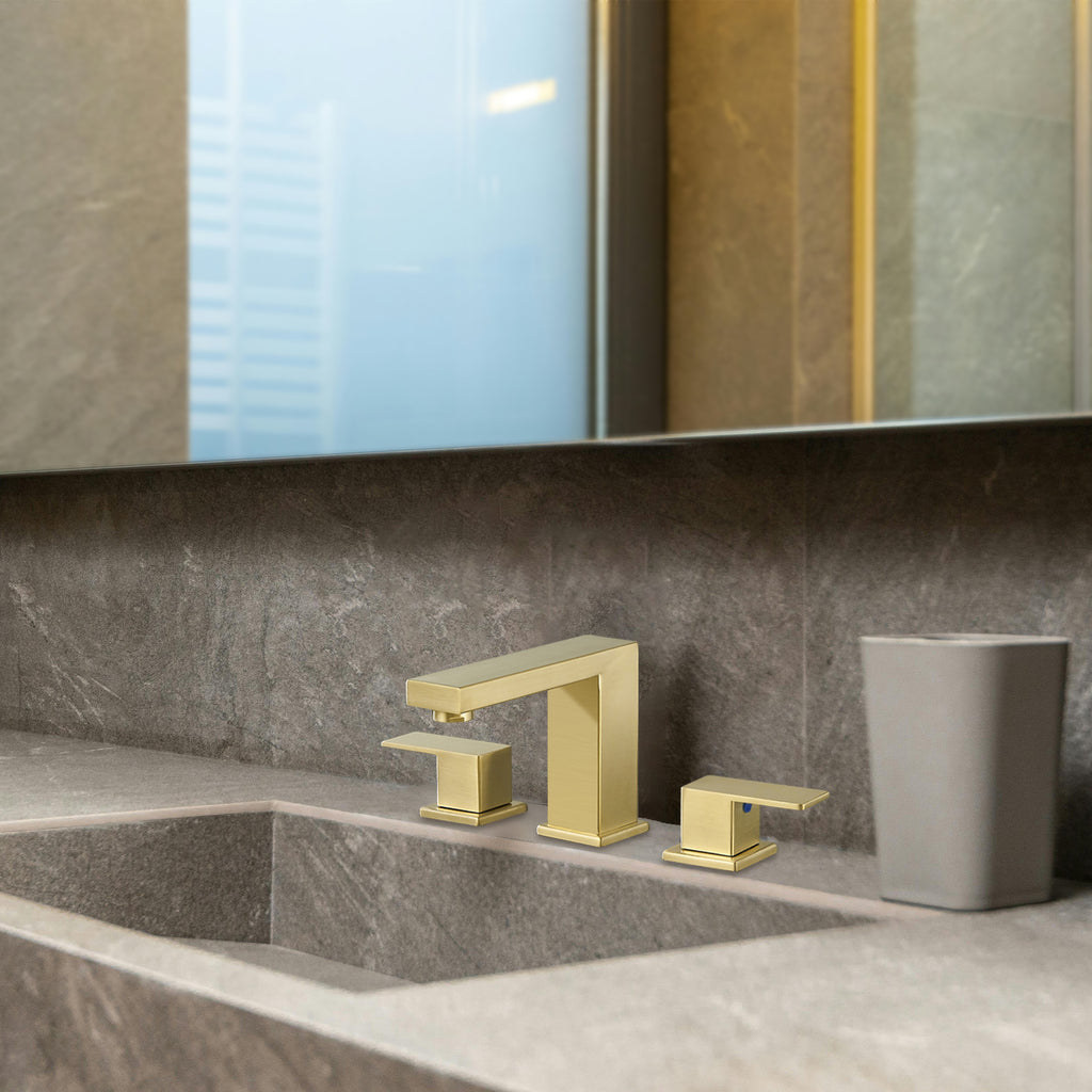 304 stainless steel8 in. Widespread Double Handle Bathroom Faucet with Drain Kit Included in Gold