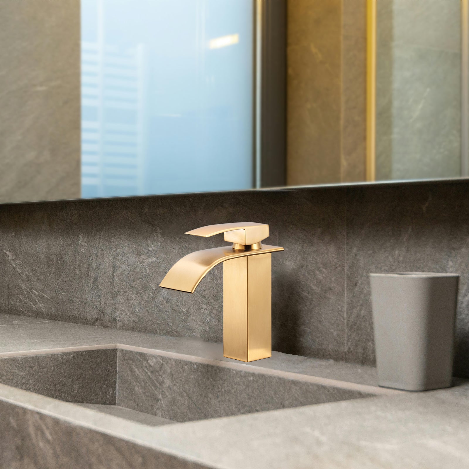Arc Waterfall Single Handle Single Hole Bathroom Faucet in Brushed Gold