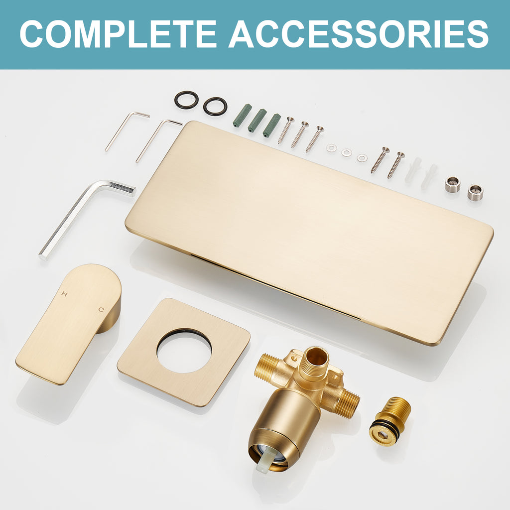 Single-Handle Rectangular Waterfall Wall Mounted Bathroom Faucet in  Gold