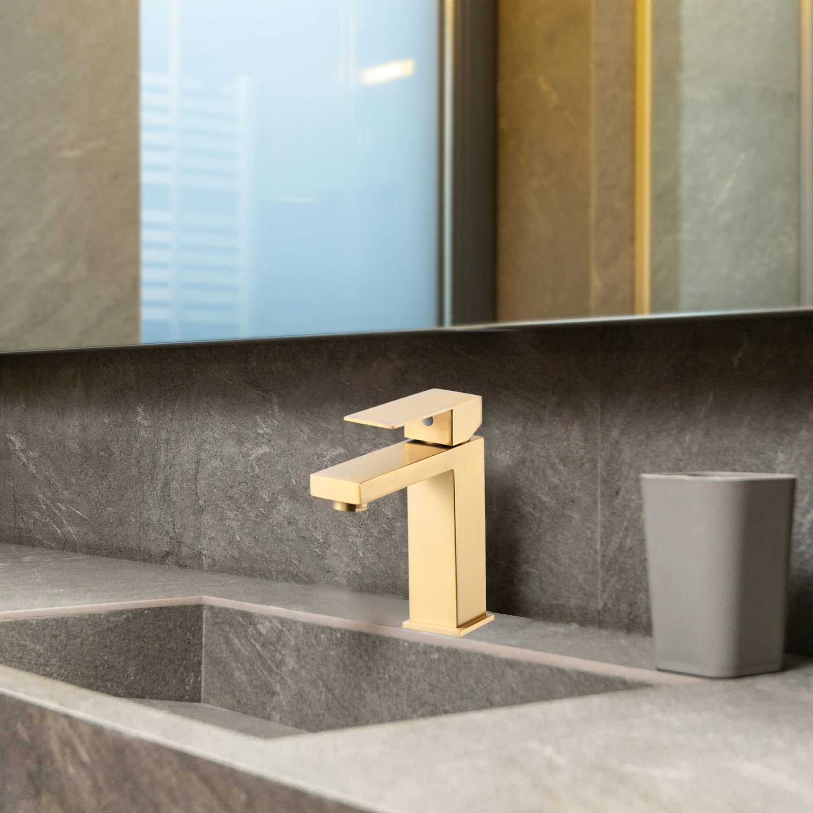 Square Single Handle Single Hole Bathroom Faucet in Brushed Gold