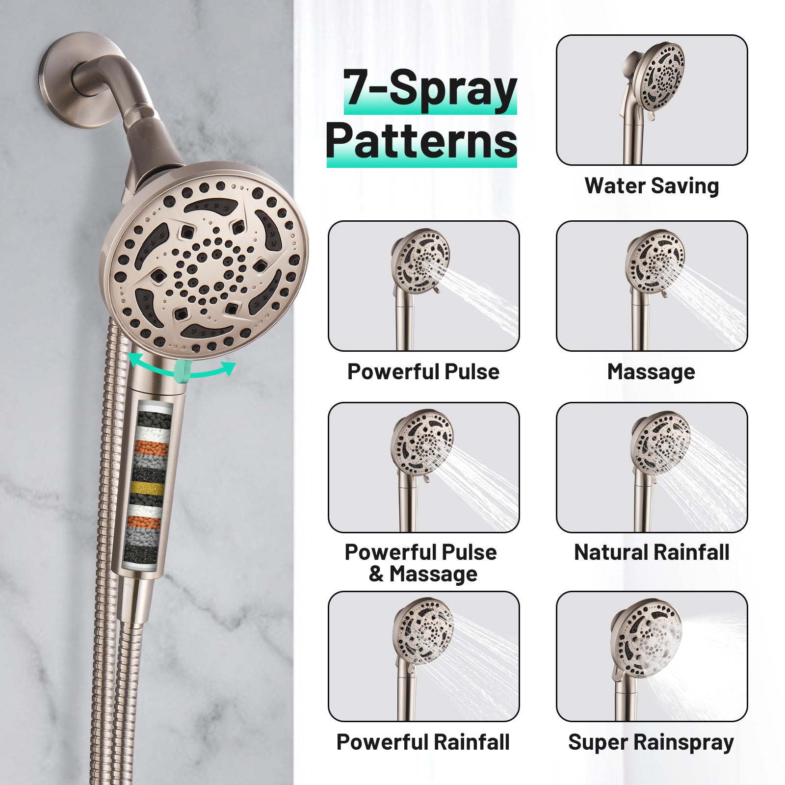 Rain 7-Spray Handheld Shower Faucet Kit with Valve 1.8 GPM and 4.9 in. Adjustable Filtered Shower Head in Brushed Nickel