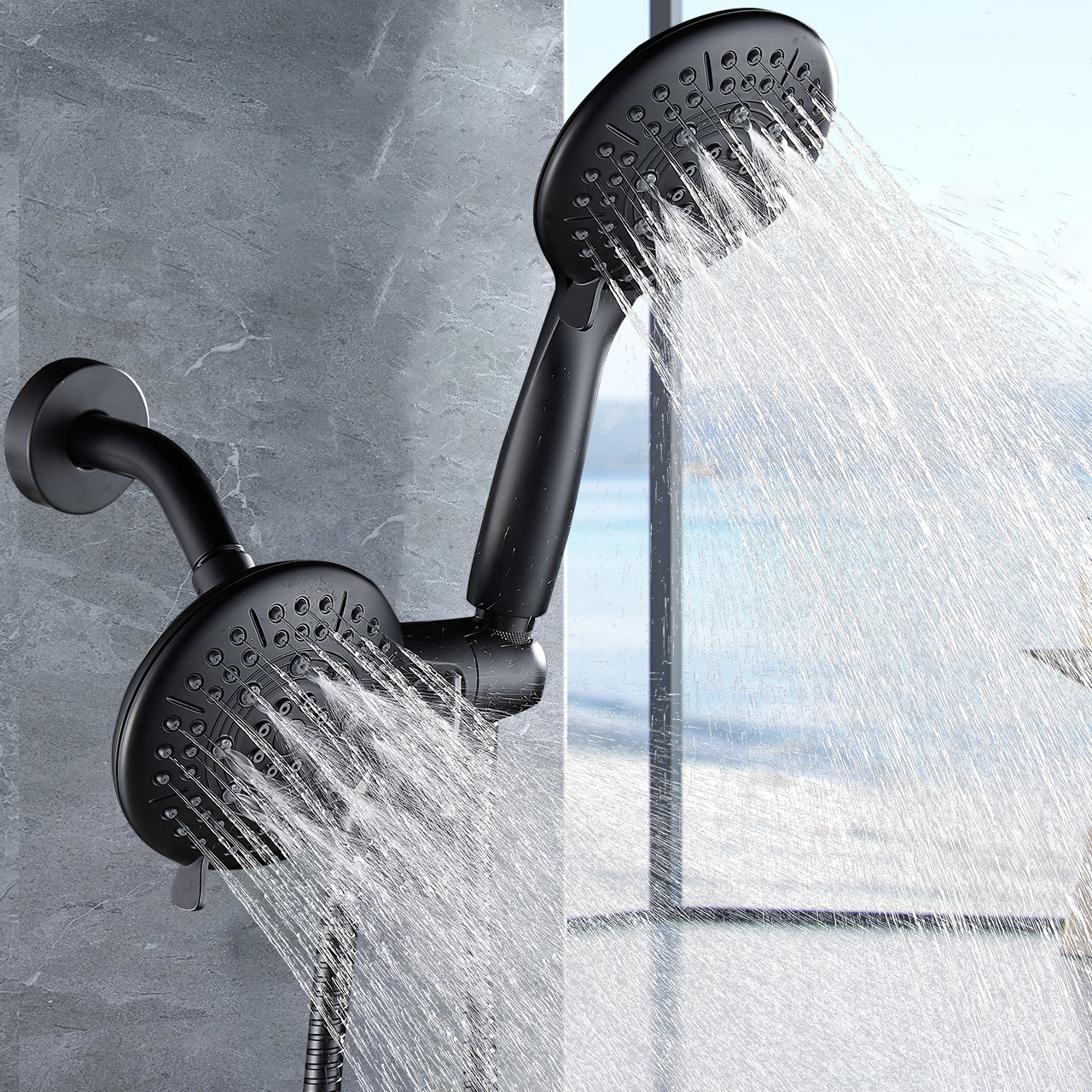 Rain 5-Spray Patterns Handheld Shower Head Combo 1.8 GPM 4.7 in. Wall Mount Adjustable Dual Shower Heads in Black