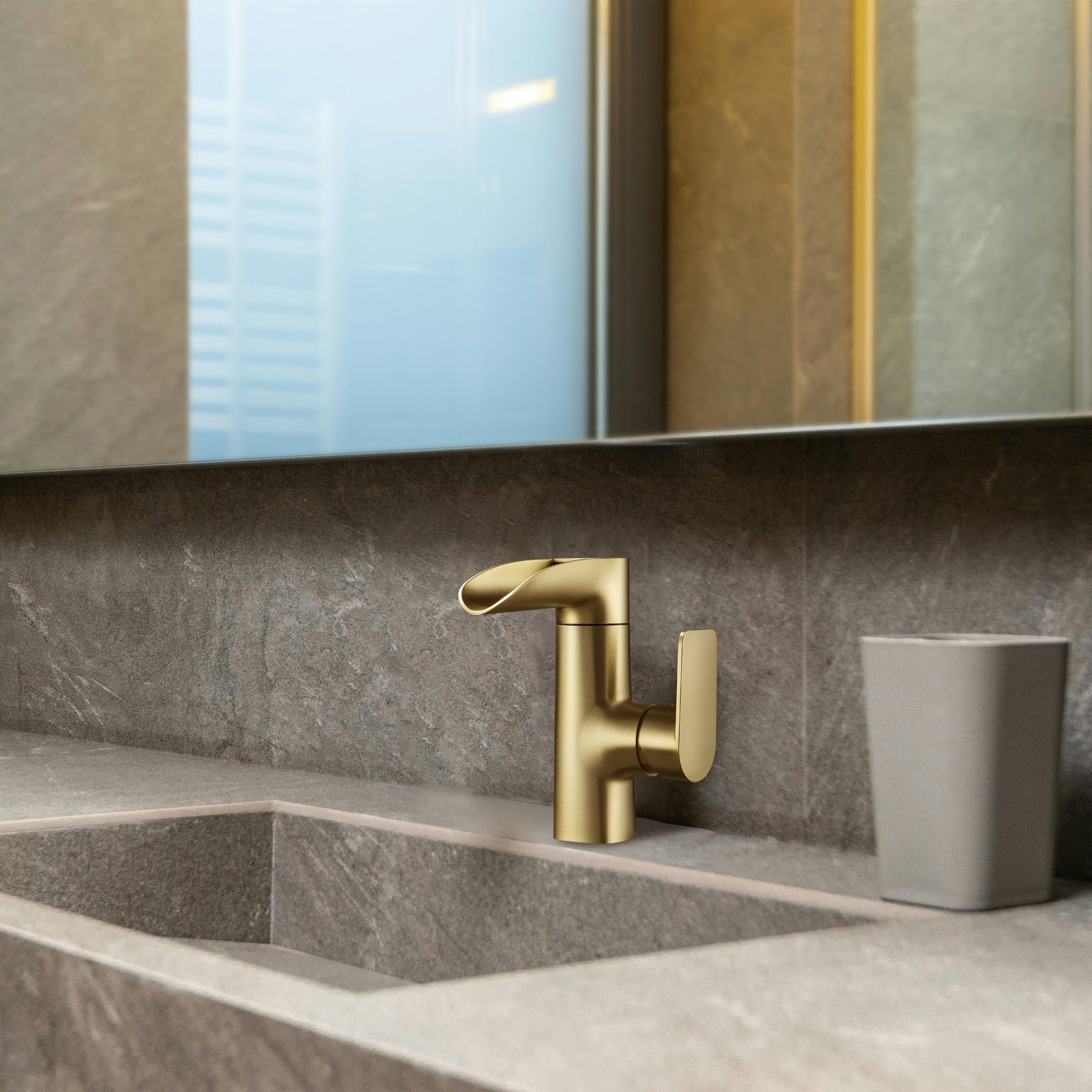 Waterfall Single Handle Single Hole Low Arc Bathroom Faucet With Metal Pop Up Drain Assembly Sink Faucet in Gold