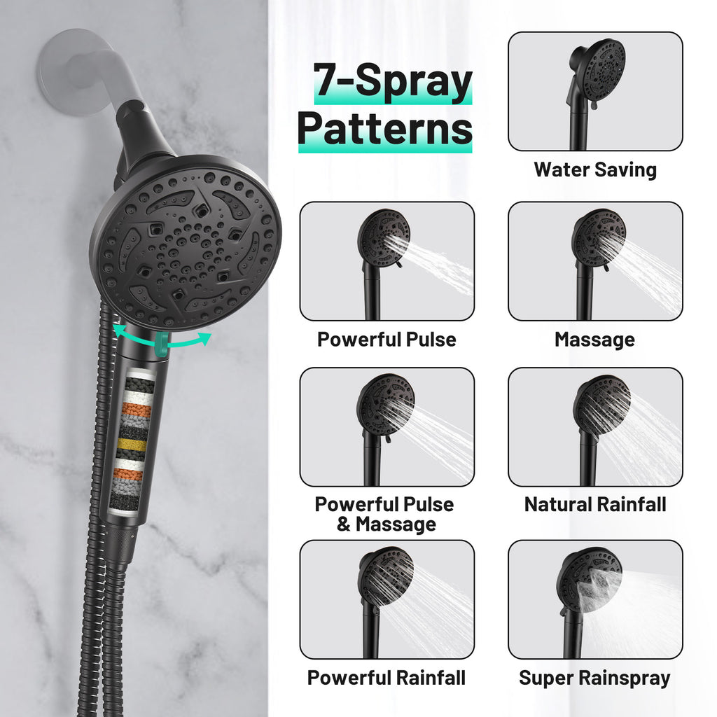 7-Spray Pattern 4.92 in. Wall Mount Handheld Shower Heads 1.8 GPM with Filter，Removable Shower hose in Matte Black