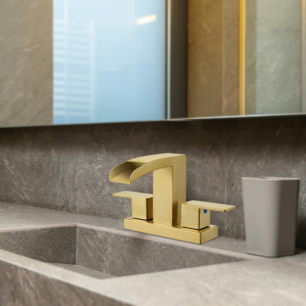 Waterfall Spout 304 stainless steel 4 in. Centerset Double Handle Bathroom Faucet with Drain Kit Included in Gold