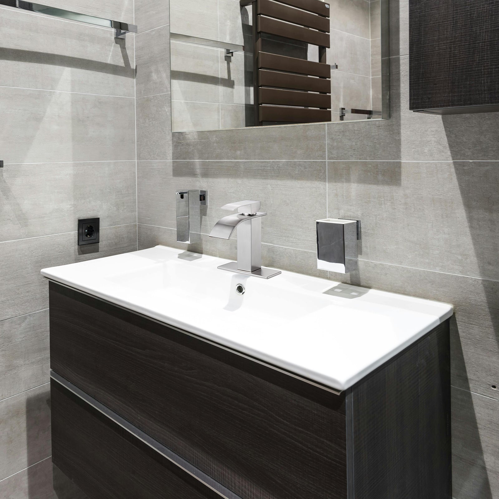 Arc Waterfall Single Handle Single Hole Bathroom Faucet with Drain Kit Includedin Brushed Nickel