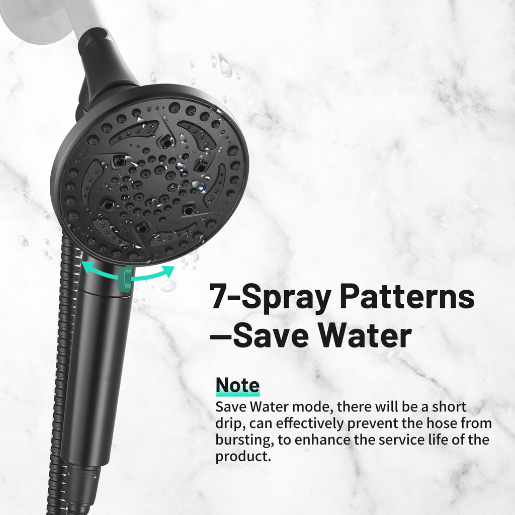 7-Spray Pattern 4.92 in. Wall Mount Handheld Shower Heads 1.8 GPM with Filter，Removable Shower hose in Matte Black