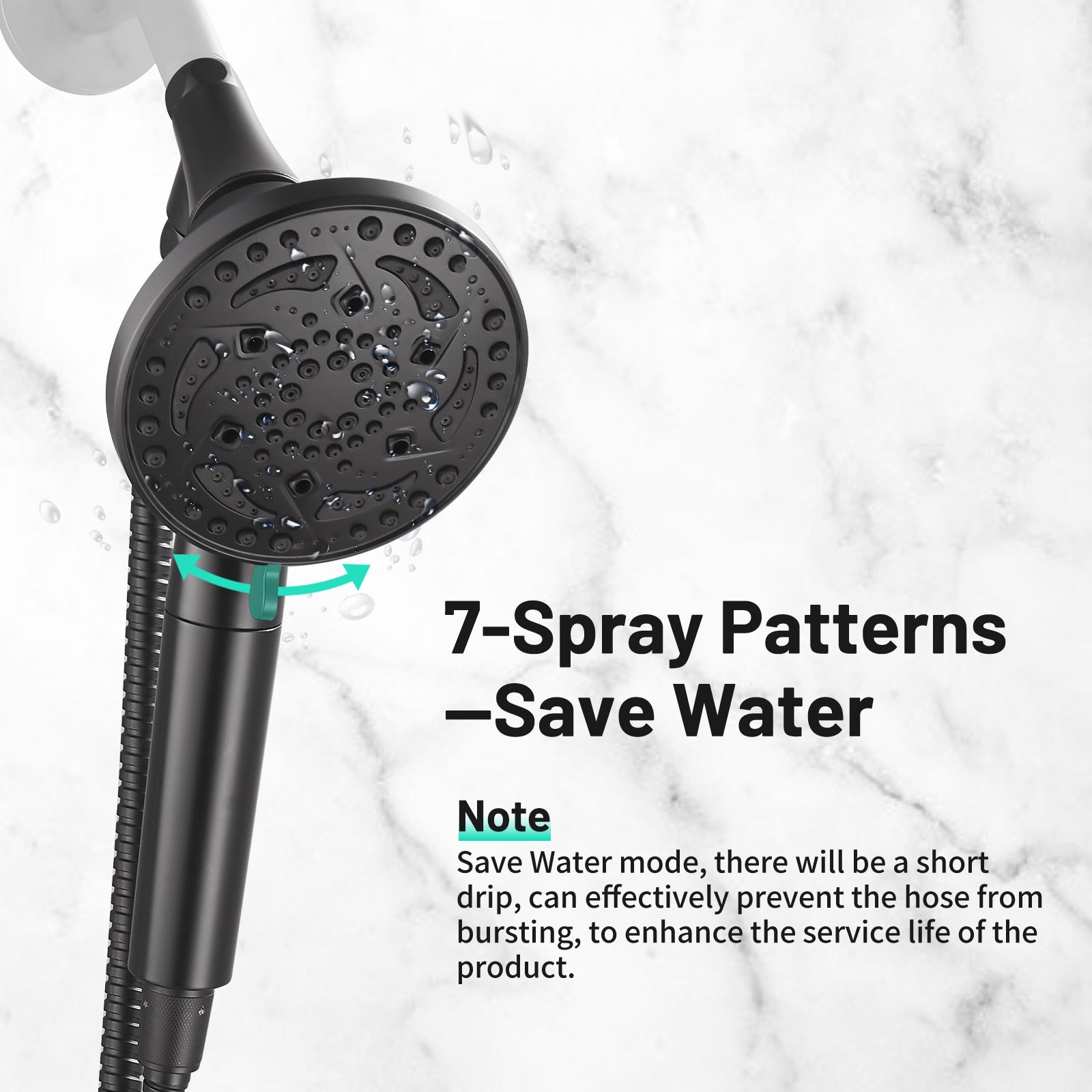 7-Spray Pattern 4.92 in. Wall Mount Handheld Shower Heads 1.8 GPM with Filter，Removable Shower hose in Matte Black