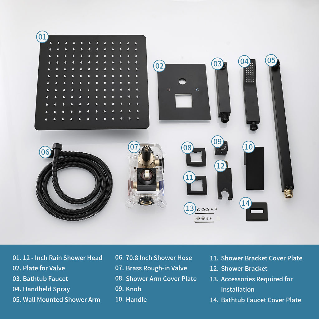 Rain Single Handle 1-Spray Tub Shower Faucet Handheld Combo with Valve 1.8 GPM 12 in. Adjustable shower Head in Black