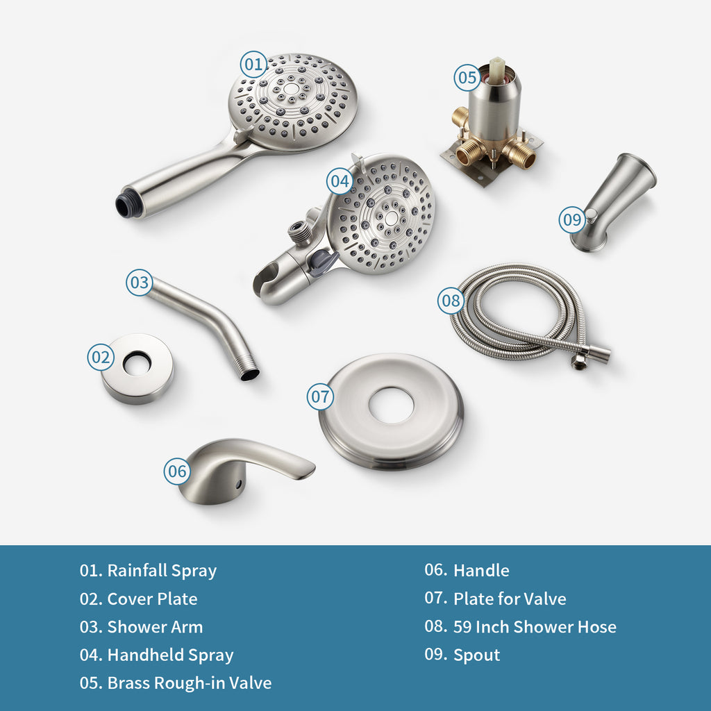 Rain Single Handle 5-Spray Tub Shower Faucet Handheld Combo with Valve 1.8 GPM Adjustable shower Head in Brushed Nicke