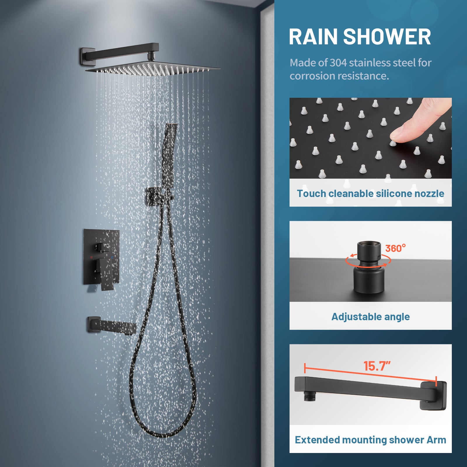 Rain Single Handle 1-Spray Tub Shower Faucet Handheld Combo with Valve 1.8 GPM 12 in. Adjustable shower Head in Black