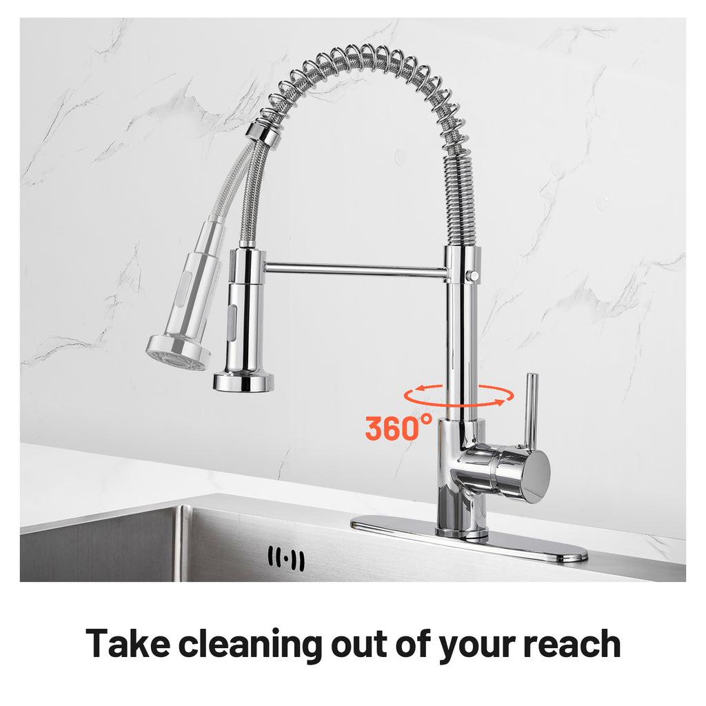 Single-Handle Pull Out Sprayer Coil Spring High-Arc Kitchen Faucet with Deckplate Sink Faucet in Chrome
