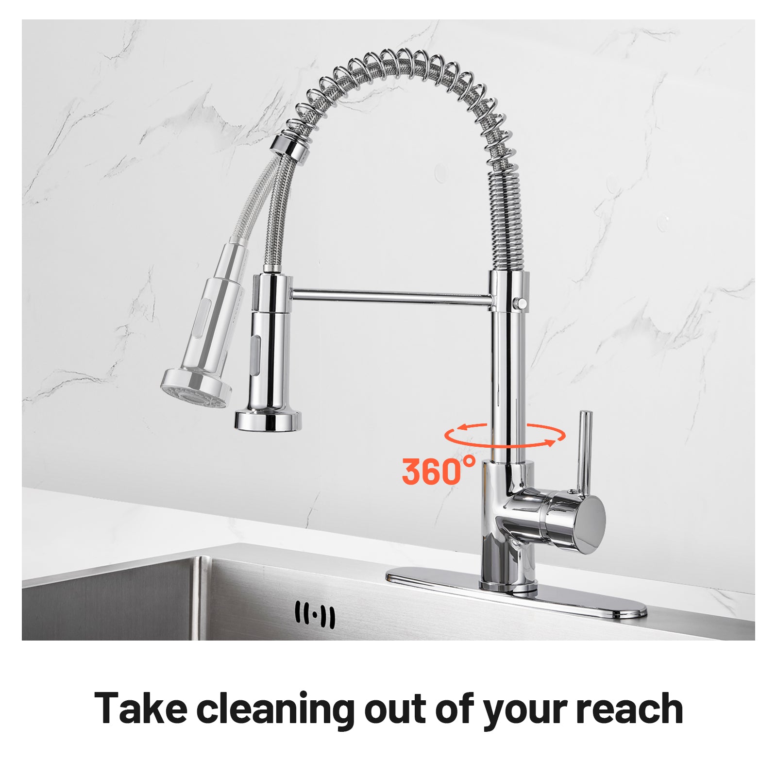 Single-Handle Pull Out Sprayer Coil Spring High-Arc Kitchen Faucet with Deckplate Sink Faucet in Chrome