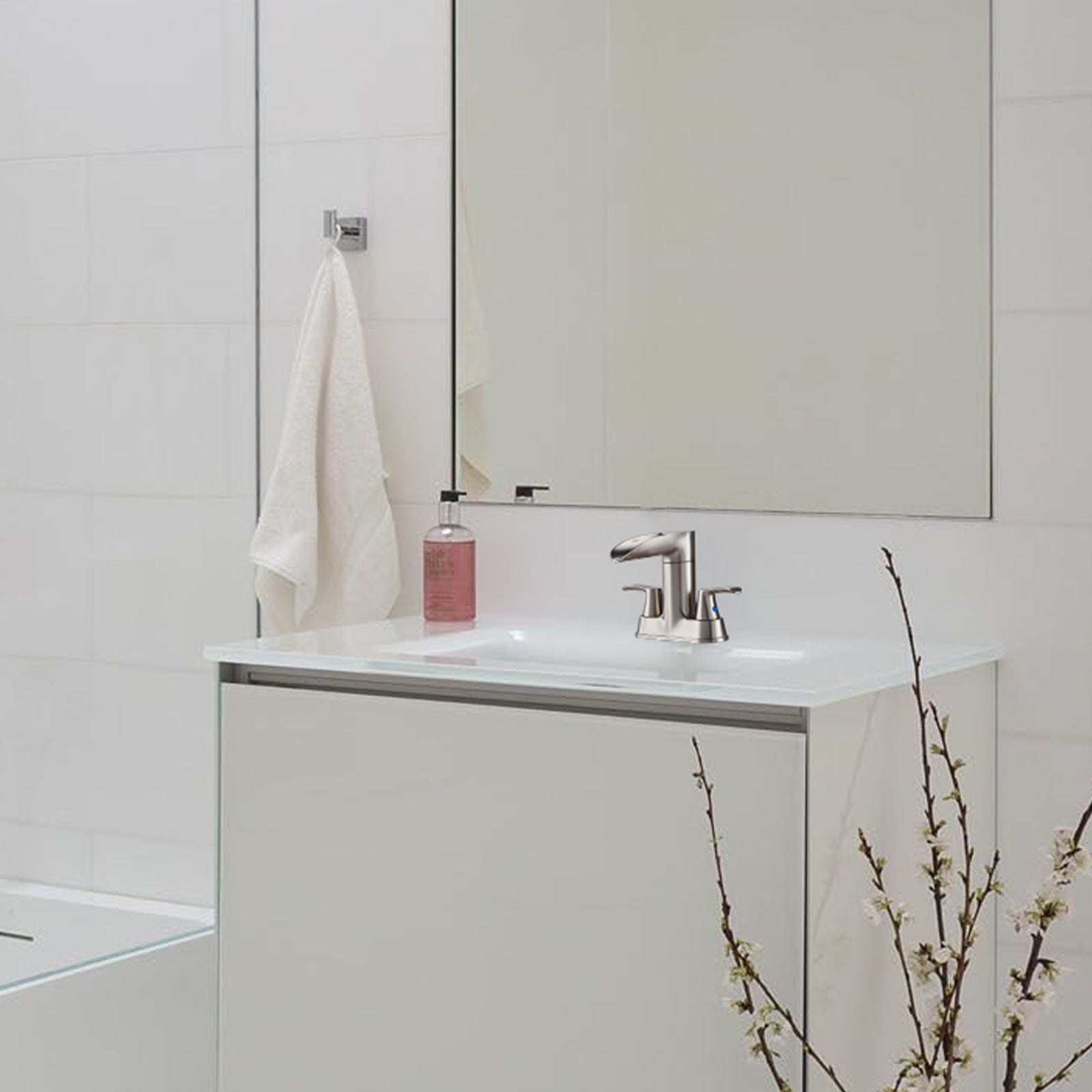 Rotatable 4 in. Centerset Double Bathroom Faucet with Drain kit Included Waterfall Lavatory in Brushed Nickel