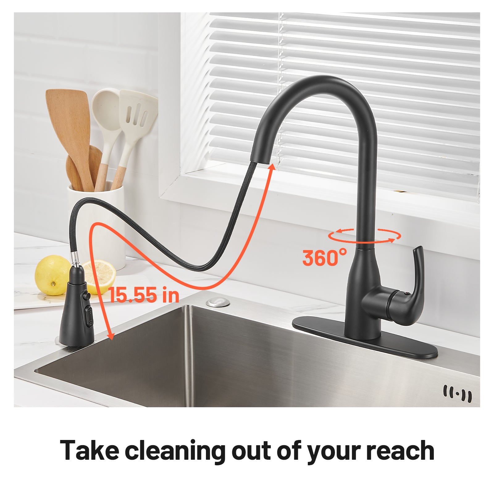 Gooseneck Single-Handle Pull Down Sprayer Kitchen Faucet with Deckplate and Sweep Spray Pull Out Sink Faucet in Black