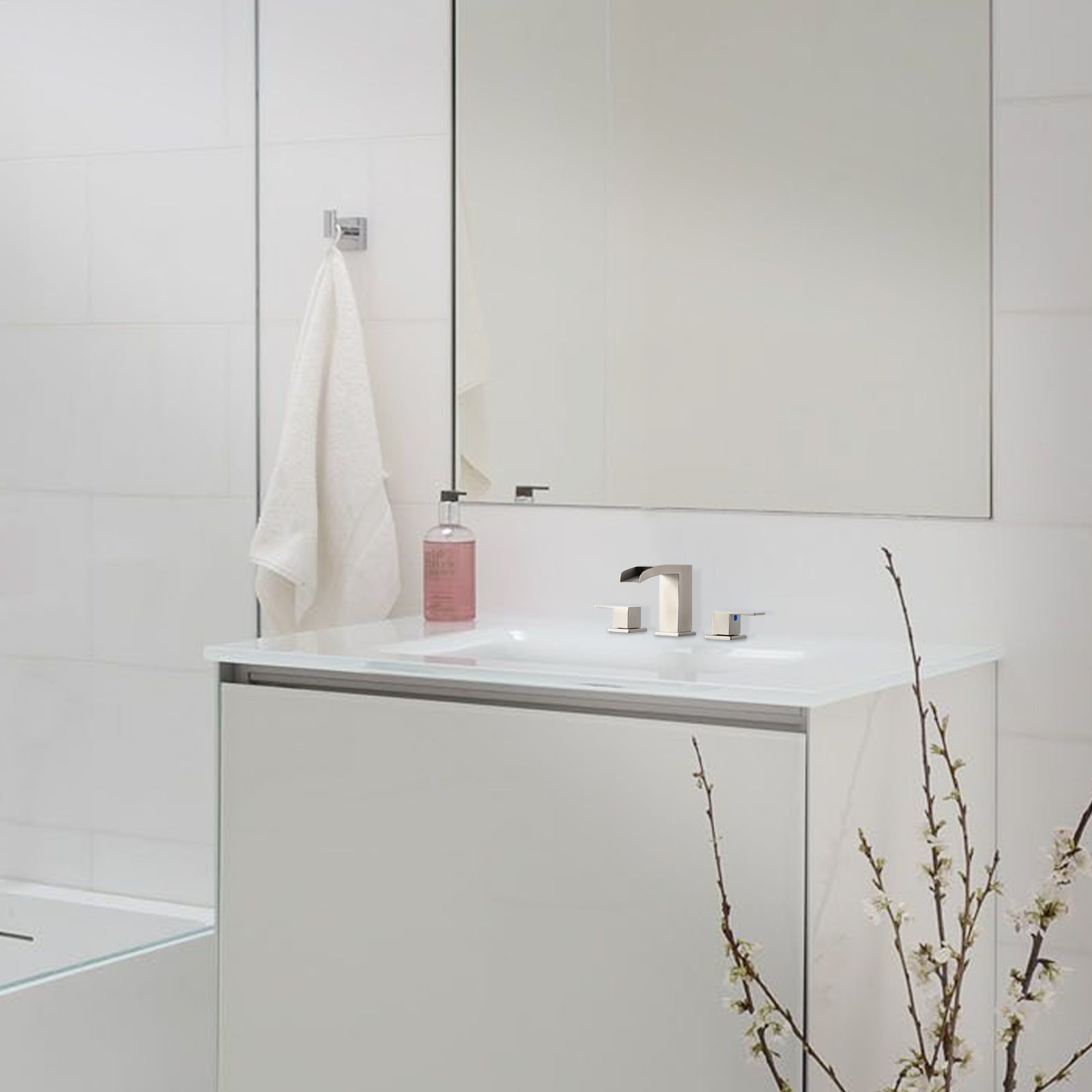 Waterfall 304 stainless steel 8 in. Widespread Double Handle Bathroom Faucet with Drain Kit Included in Brushed Nickel