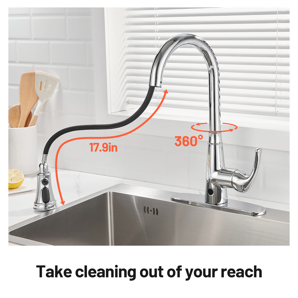 Touchless Single Handle Gooseneck Pull Down Sprayer Kitchen Faucet with Deckplate Pull Out Sink Faucet in Chrome
