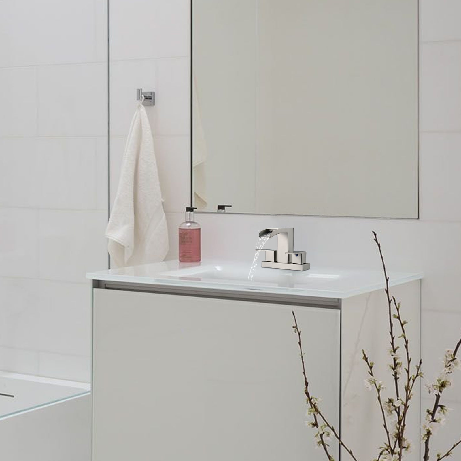 Waterfall 304 stainless steel 4 in. Centerset Double Handle Bathroom Faucet with Drain Kit Included in Brushed Nickel