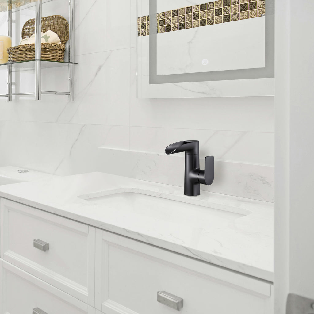 Waterfall Single Handle Single Hole Low Arc Bathroom Faucet With Metal Pop Up Drain Assembly Sink Faucet in Matte Black