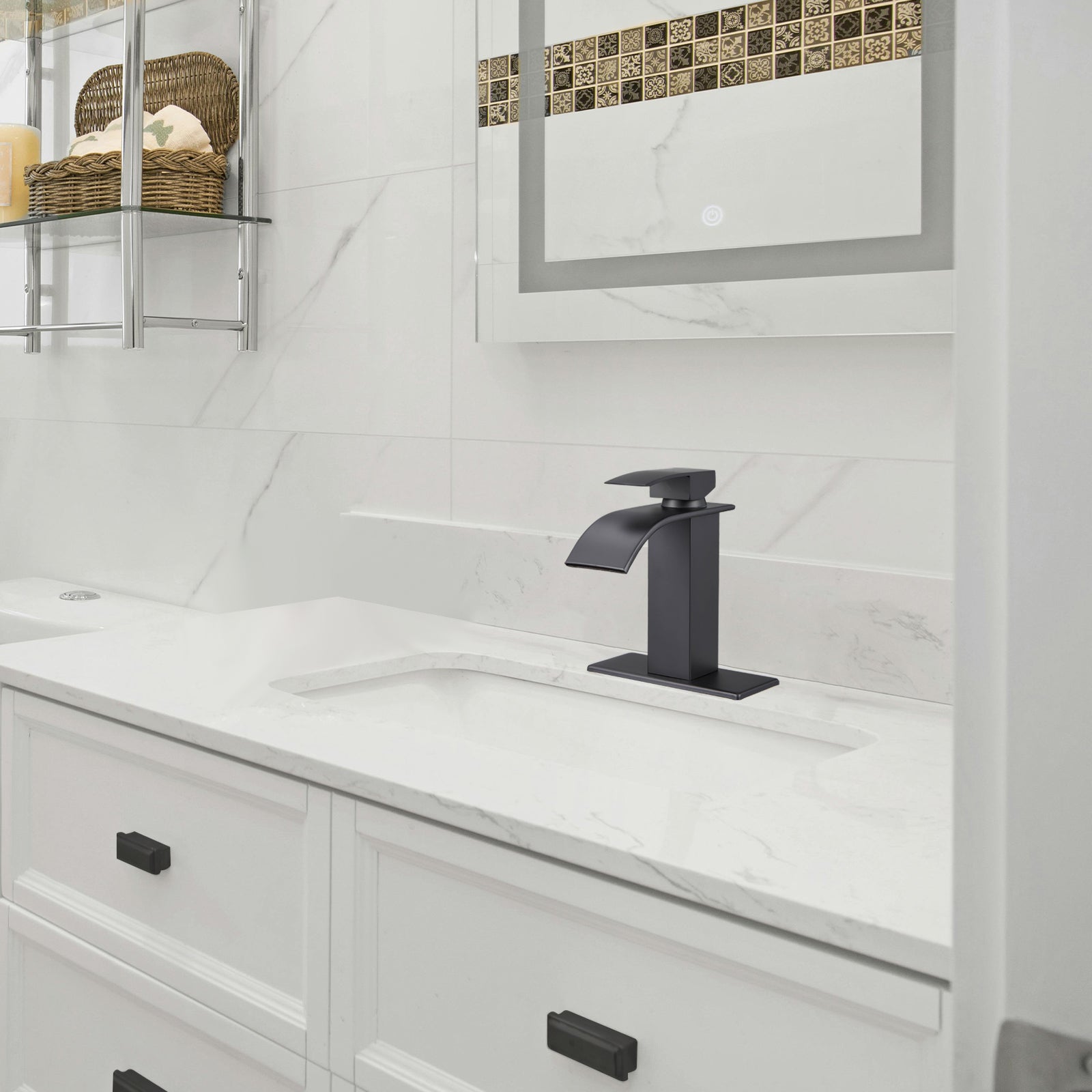 Arc Waterfall Single Handle Single Hole Bathroom Faucet with Drain Kit Included in Black