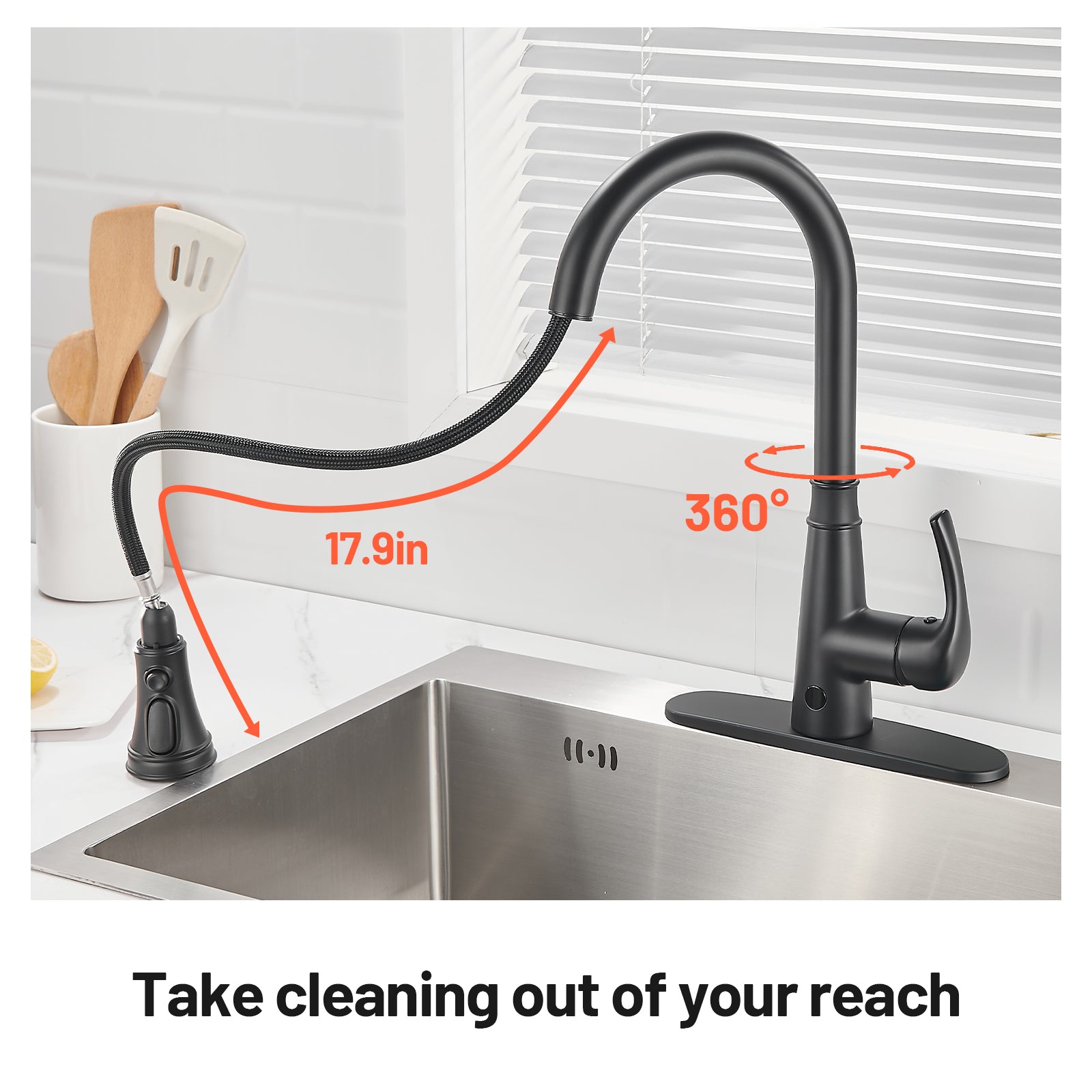 Touchless Single Handle Gooseneck Pull Down Sprayer Kitchen Faucet with Deckplate Pull Out Sink Faucet in Black