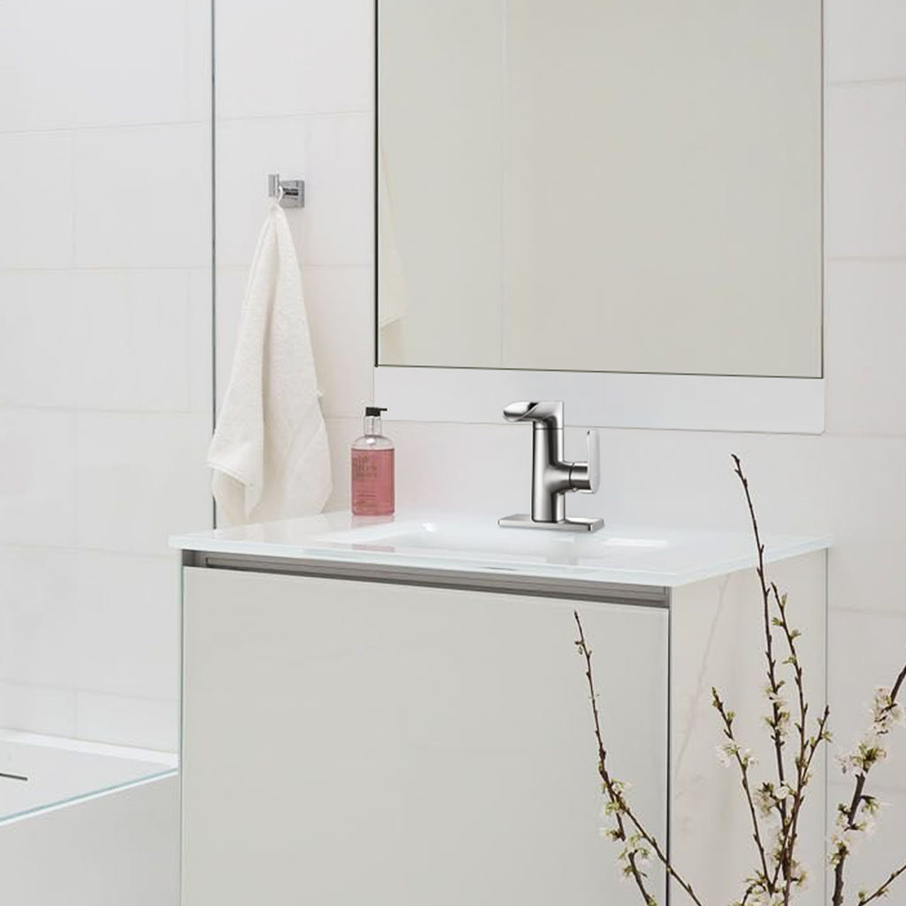 Single Handle Single Hole Low Arc Bathroom Faucet With Metal Pop Up Drain Assembly Swivel Sink Faucet in Brushed Nickel