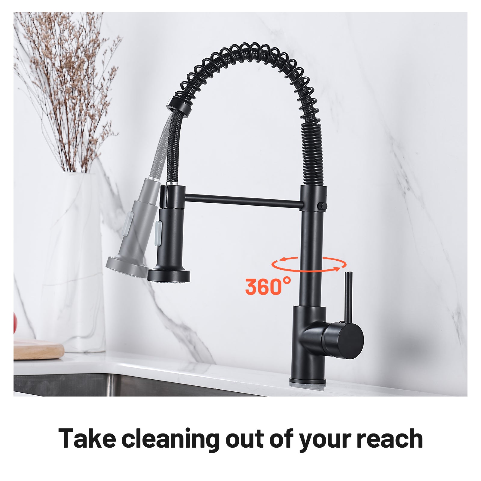 Single-Handle Pull Out Sprayer Coil Spring High-Arc Kitchen Faucet with Deckplate Sink Faucet in Matte Black