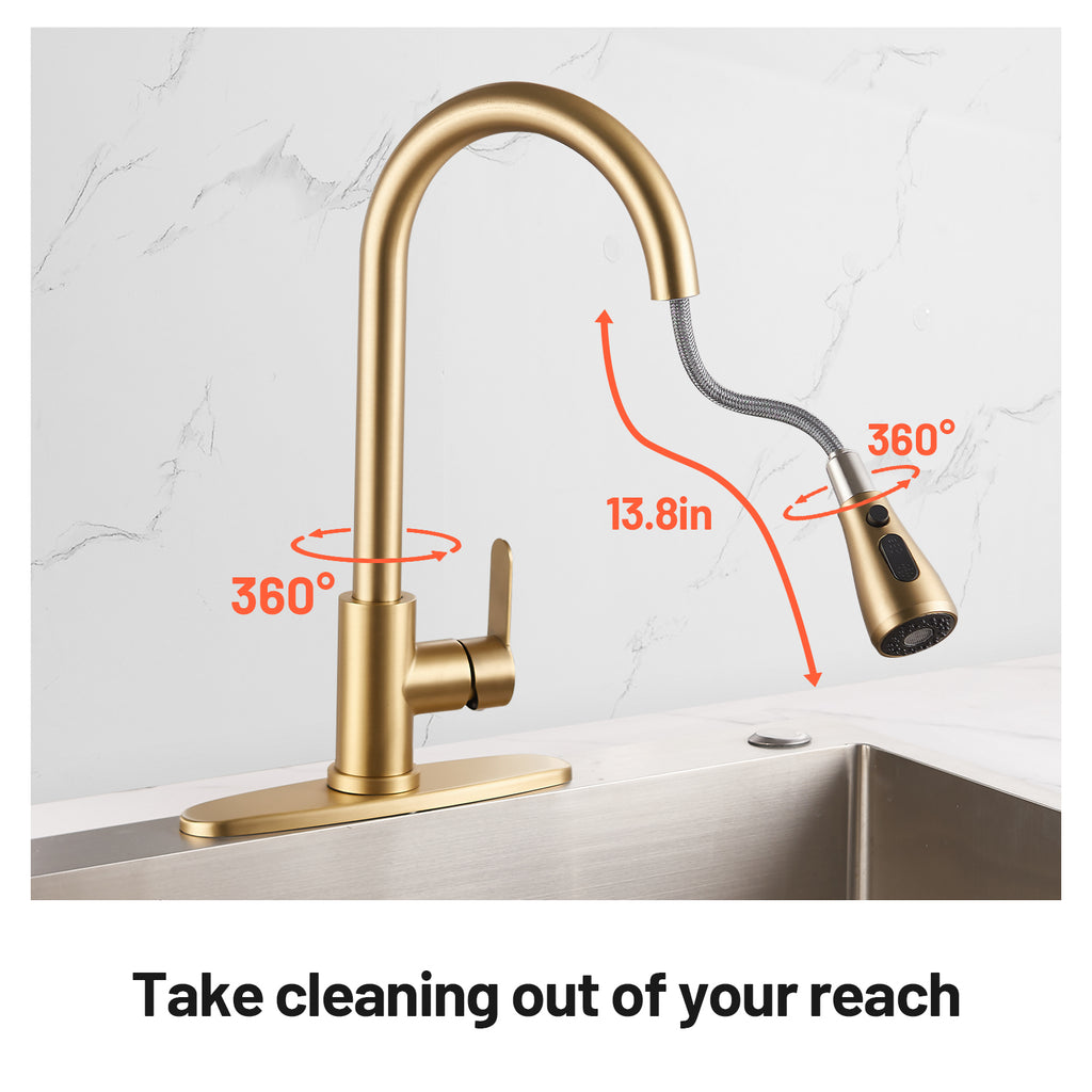 Gooseneck Single-Handle Pull Down Sprayer Kitchen Faucet with Deckplate and Sweep Spray Pull Out Sink Faucet in Gold