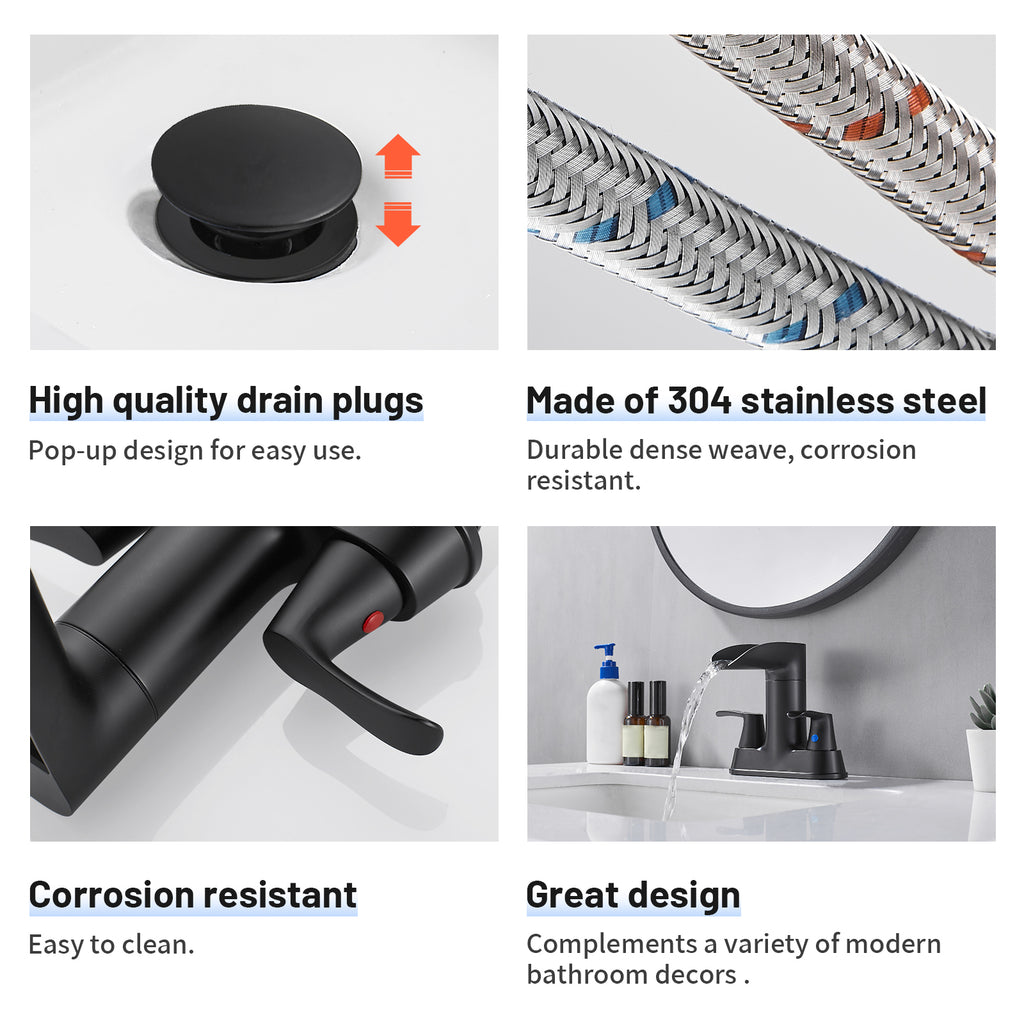 Rotatable 4 in. Centerset Double Bathroom Faucet with Drain kit Included Waterfall Lavatory in Matte Black