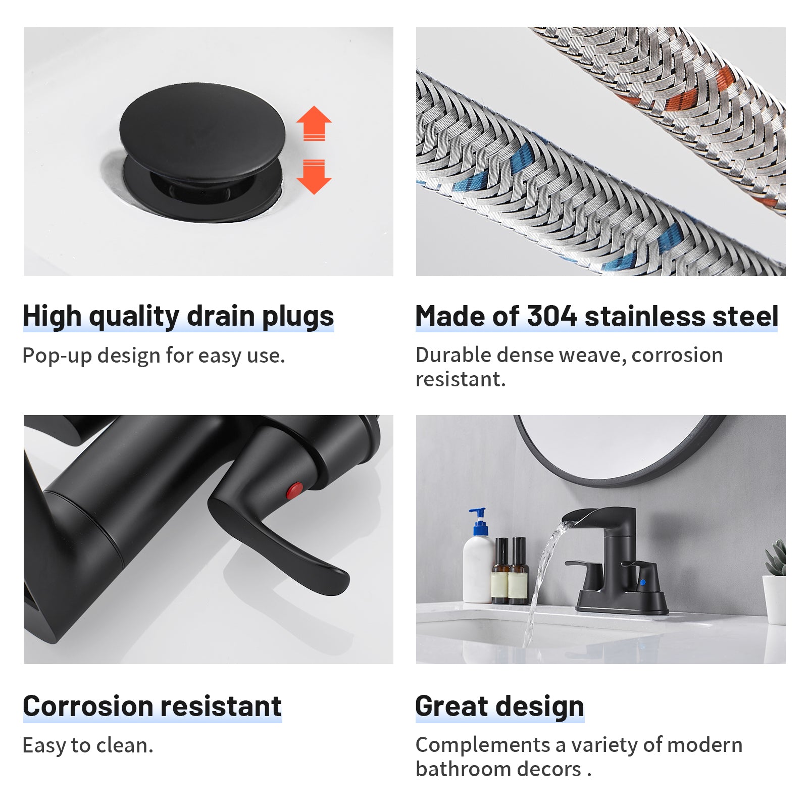 Rotatable 4 in. Centerset Double Bathroom Faucet with Drain kit Included Waterfall Lavatory in Matte Black