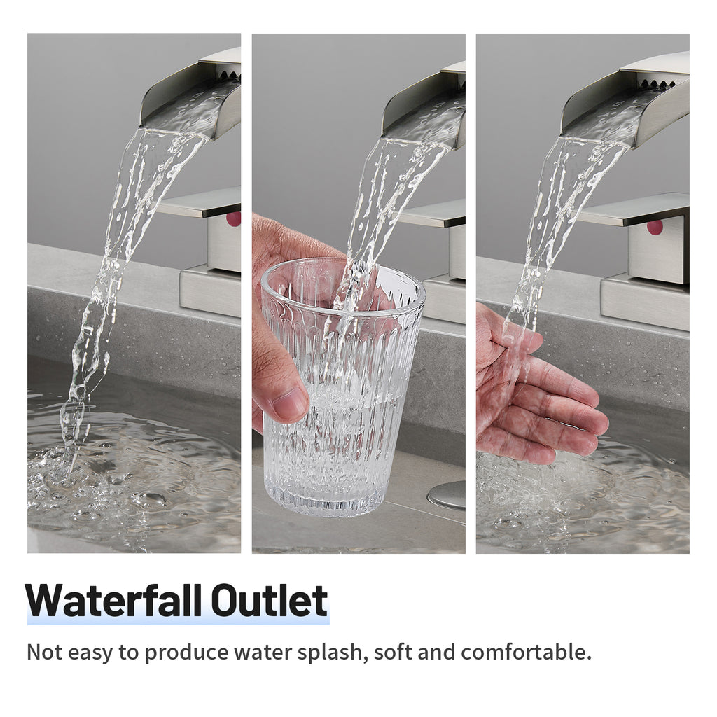 Waterfall 304 stainless steel 4 in. Centerset Double Handle Bathroom Faucet with Drain Kit Included in Brushed Nickel
