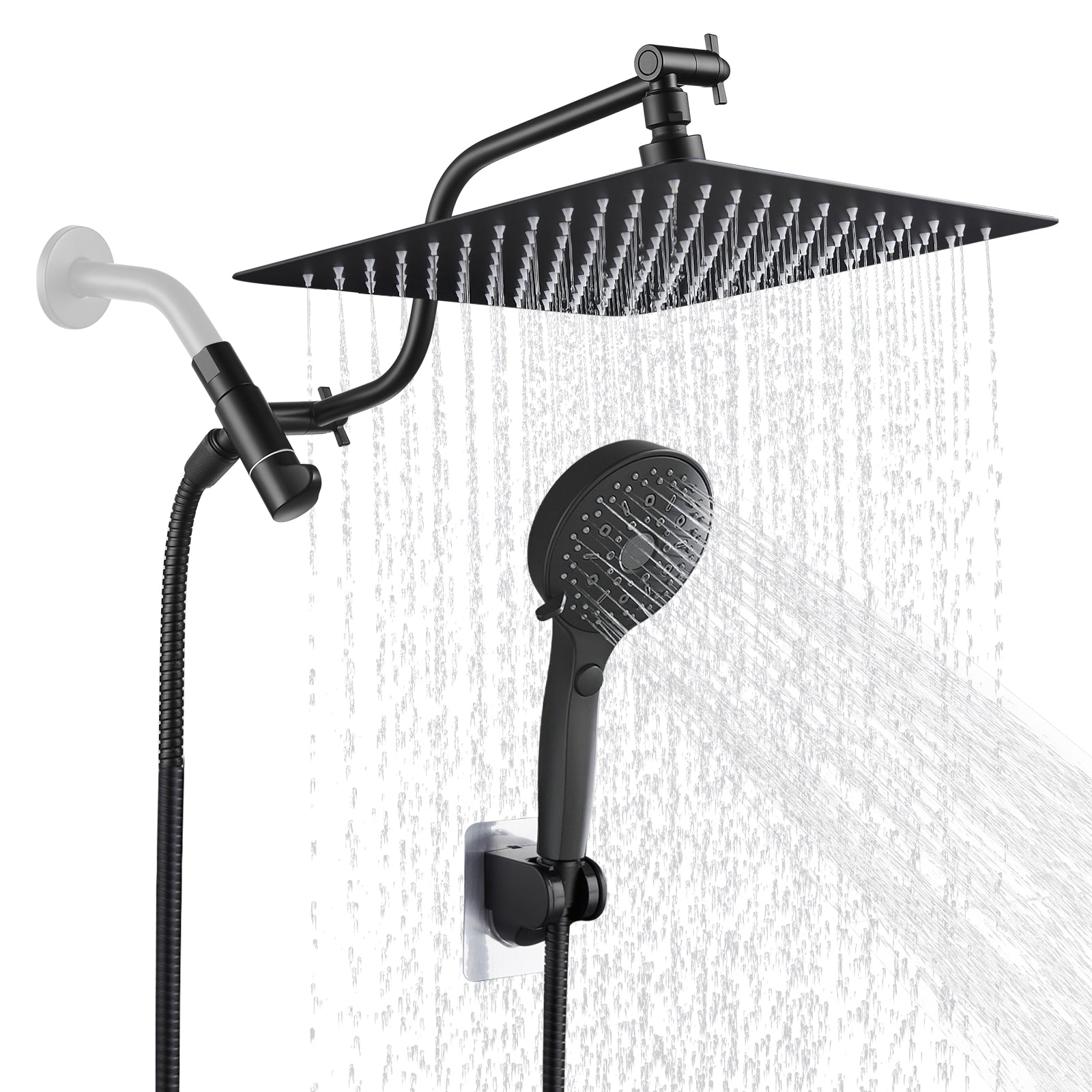 Rainfall Shower Head Combo 12-Spray 12 in. Wall Mount Dual Shower Heads and Handheld Shower Head with 1.8 GPM in Black