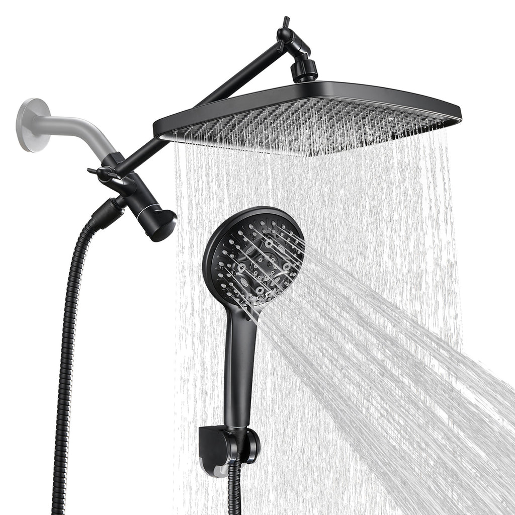 Rainfull 2-in-1 8-Spray Patterns with 1.8 GPM 12 in. Wall Mount Dual Shower Head and Handheld Shower Head in Black
