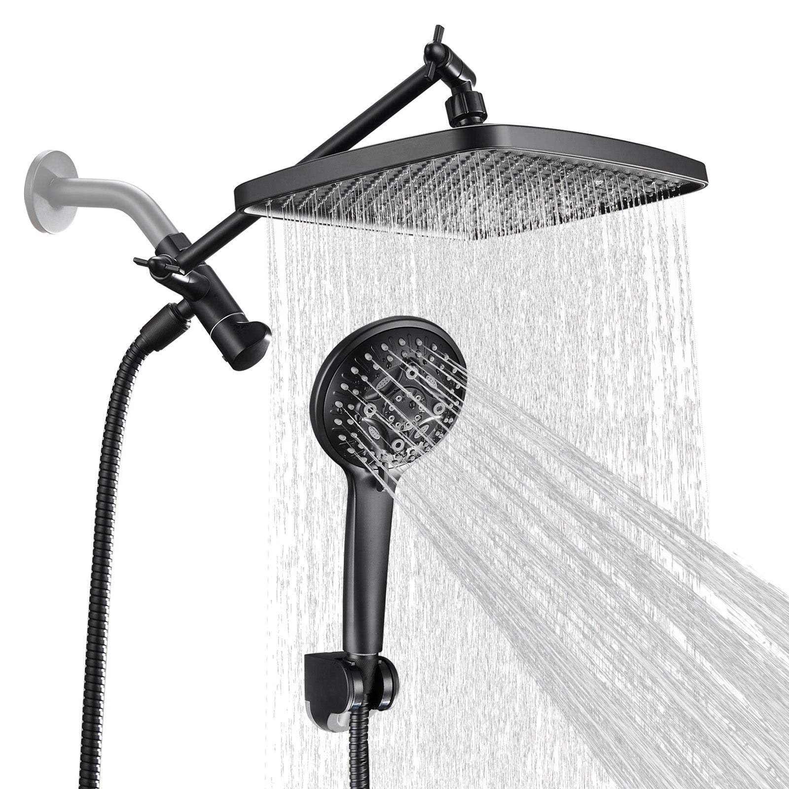 Rainfull 2-in-1 8-Spray Patterns with 1.8 GPM 12 in. Wall Mount Dual Shower Head and Handheld Shower Head in Black