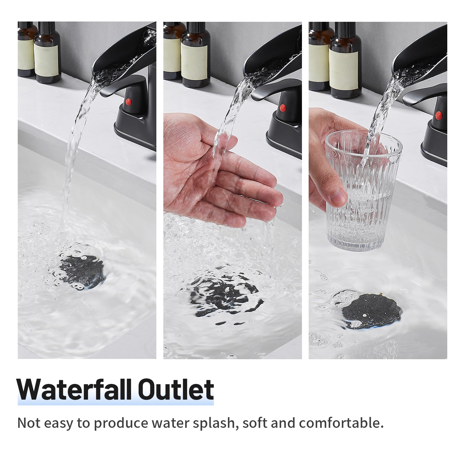 Rotatable 4 in. Centerset Double Bathroom Faucet with Drain kit Included Waterfall Lavatory in Matte Black