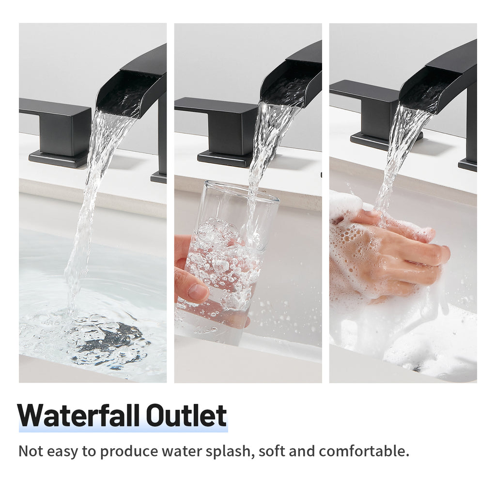 Waterfall 304 stainless steel 8 in. Widespread Double Handle Bathroom Faucet with Drain Kit Included in Matte Black