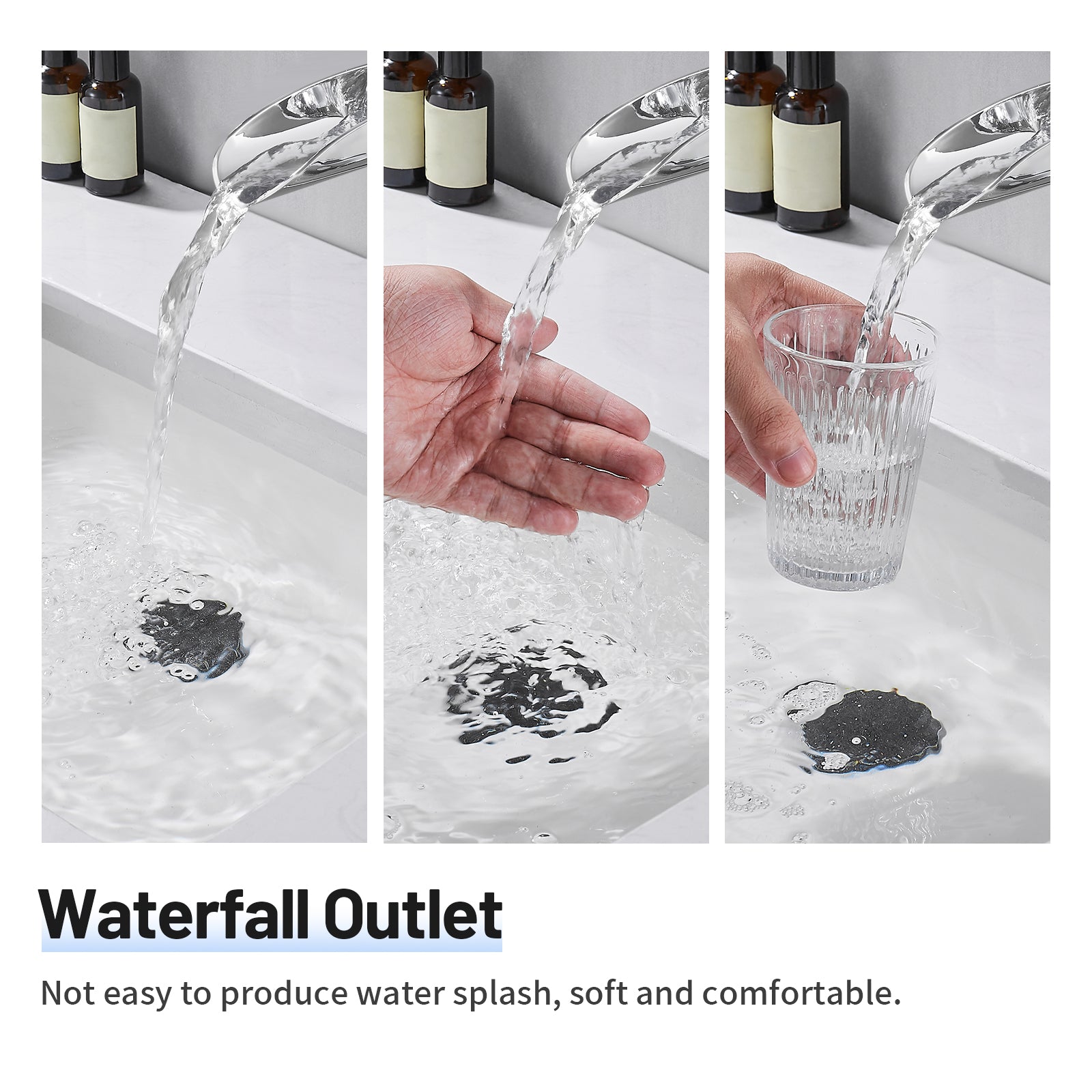 Waterfall Single Handle Single Hole Low Arc Bathroom Faucet With Metal Pop Up Drain Assembly Sink Faucet in Chrome