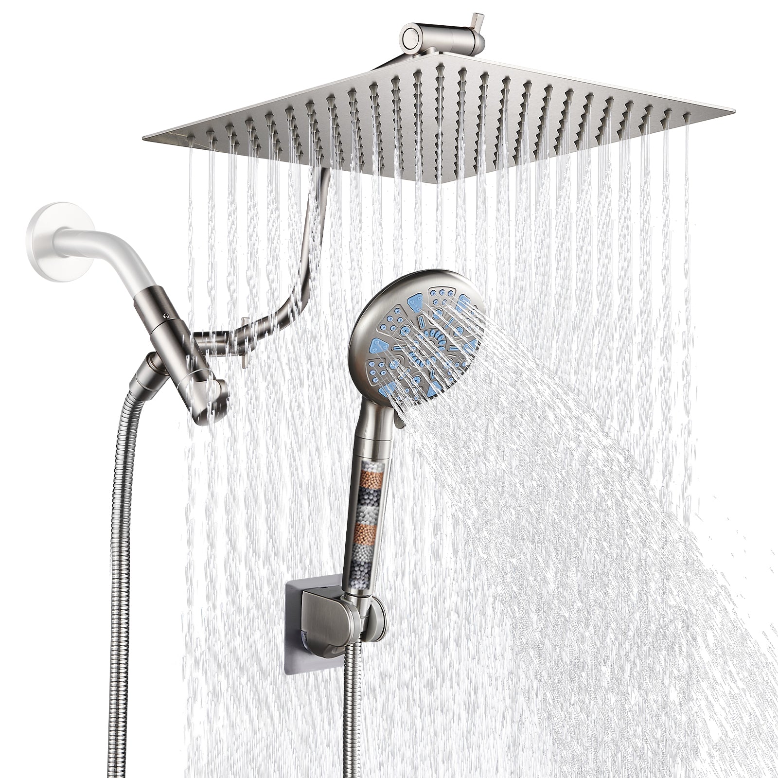 Rainfull 2-in-1 9-Spray Patterns Adjustable Wall Mount Shower Head with Filter 2.5 GPM and Handheld Shower Head in Nickel