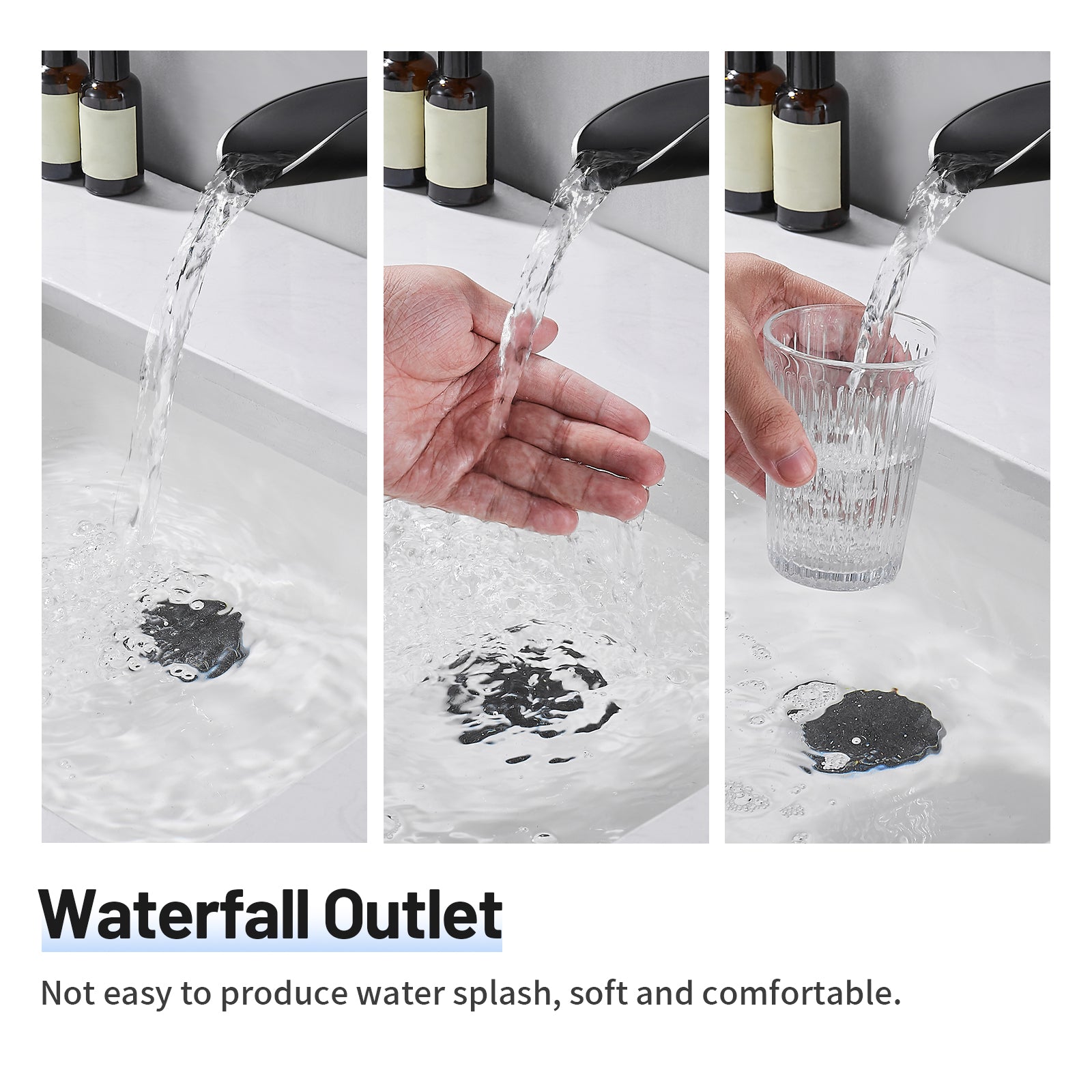 Waterfall Single Handle Single Hole Low Arc Bathroom Faucet With Metal Pop Up Drain Assembly Sink Faucet in Matte Black