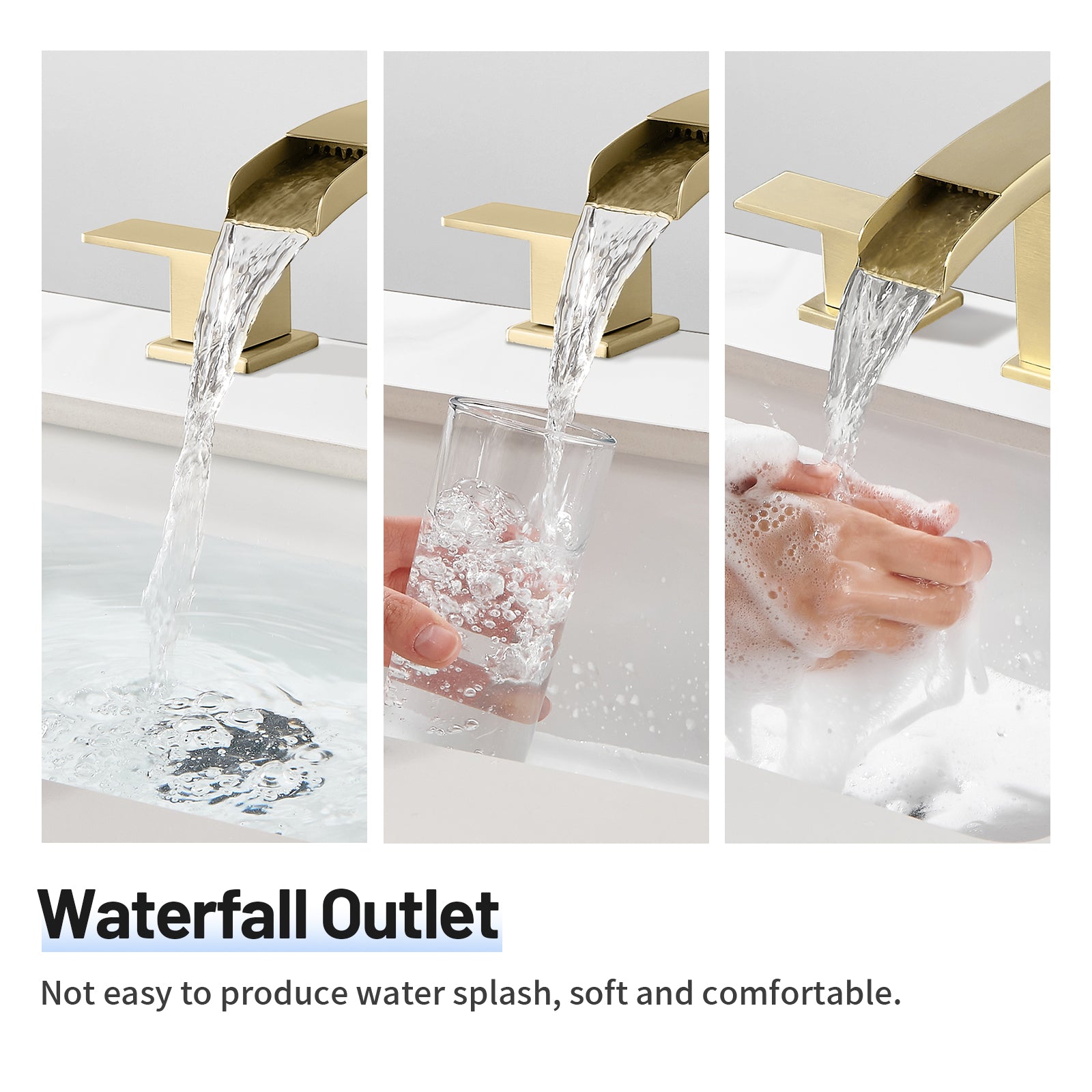Waterfall Spout 304 stainless steel 8 in. Widespread Double Handle Bathroom Faucet with Drain Kit Included in Gold
