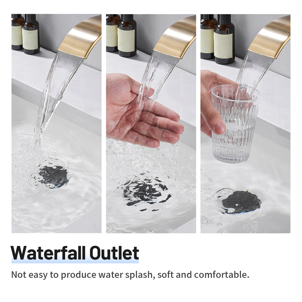 High Arc Waterfall Single Handle Single Hole Bathroom Faucet with Drain Kit Included in Brushed Gold