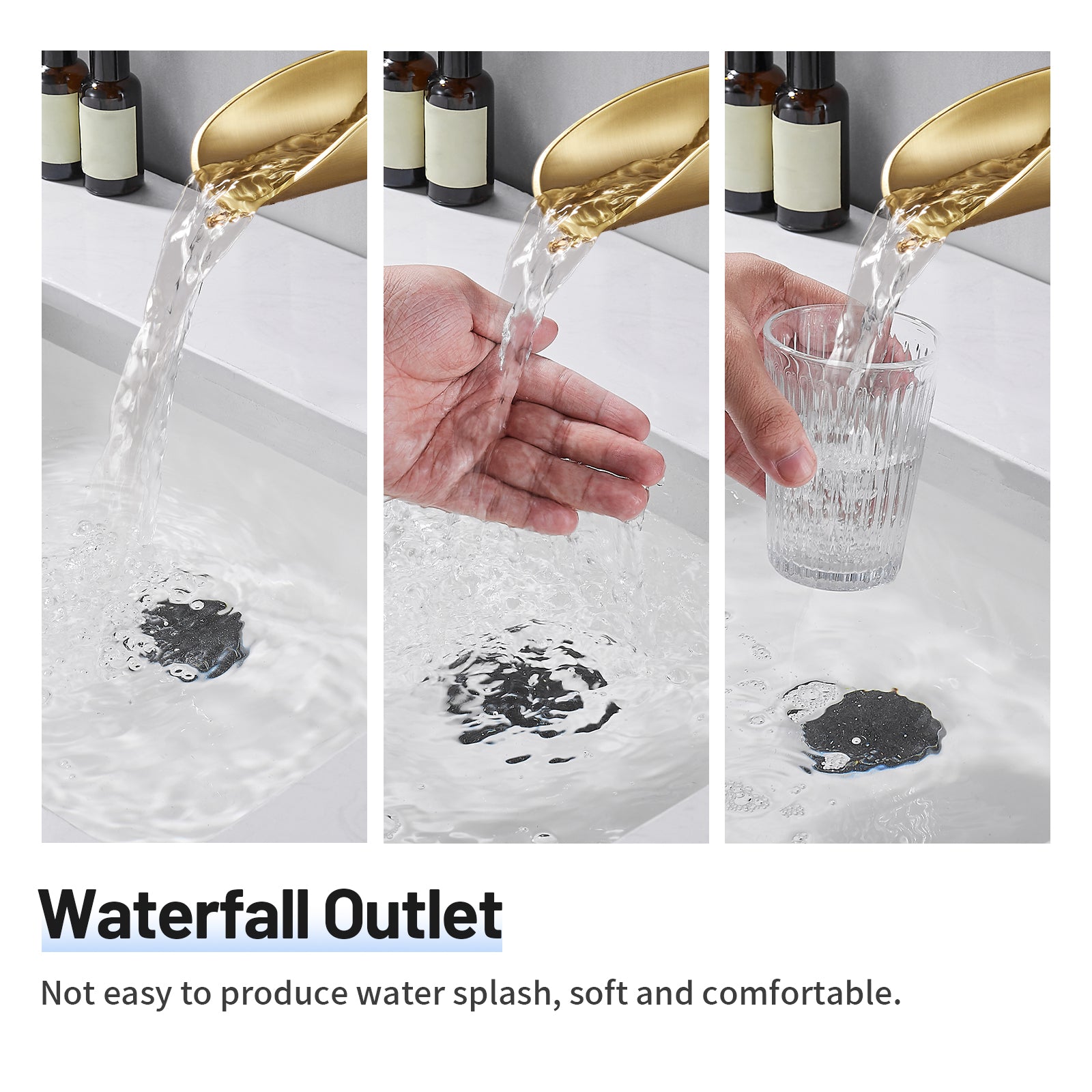 Waterfall Single Handle Single Hole Low Arc Bathroom Faucet With Metal Pop Up Drain Assembly Sink Faucet in Gold