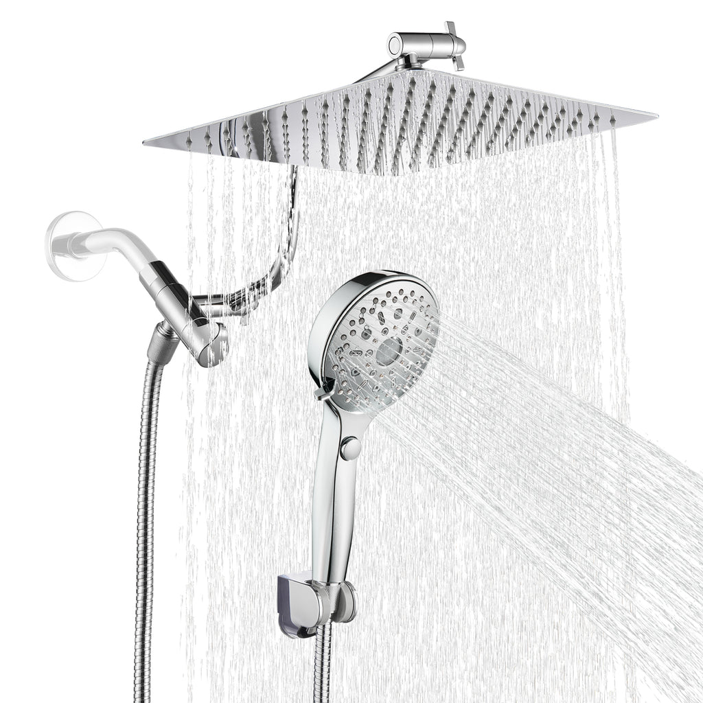 Rainfall Shower Head Combo 12-Spray 12 in. Wall Mount Dual Shower Heads and Handheld Shower Head with 1.8 GPM in Chrome