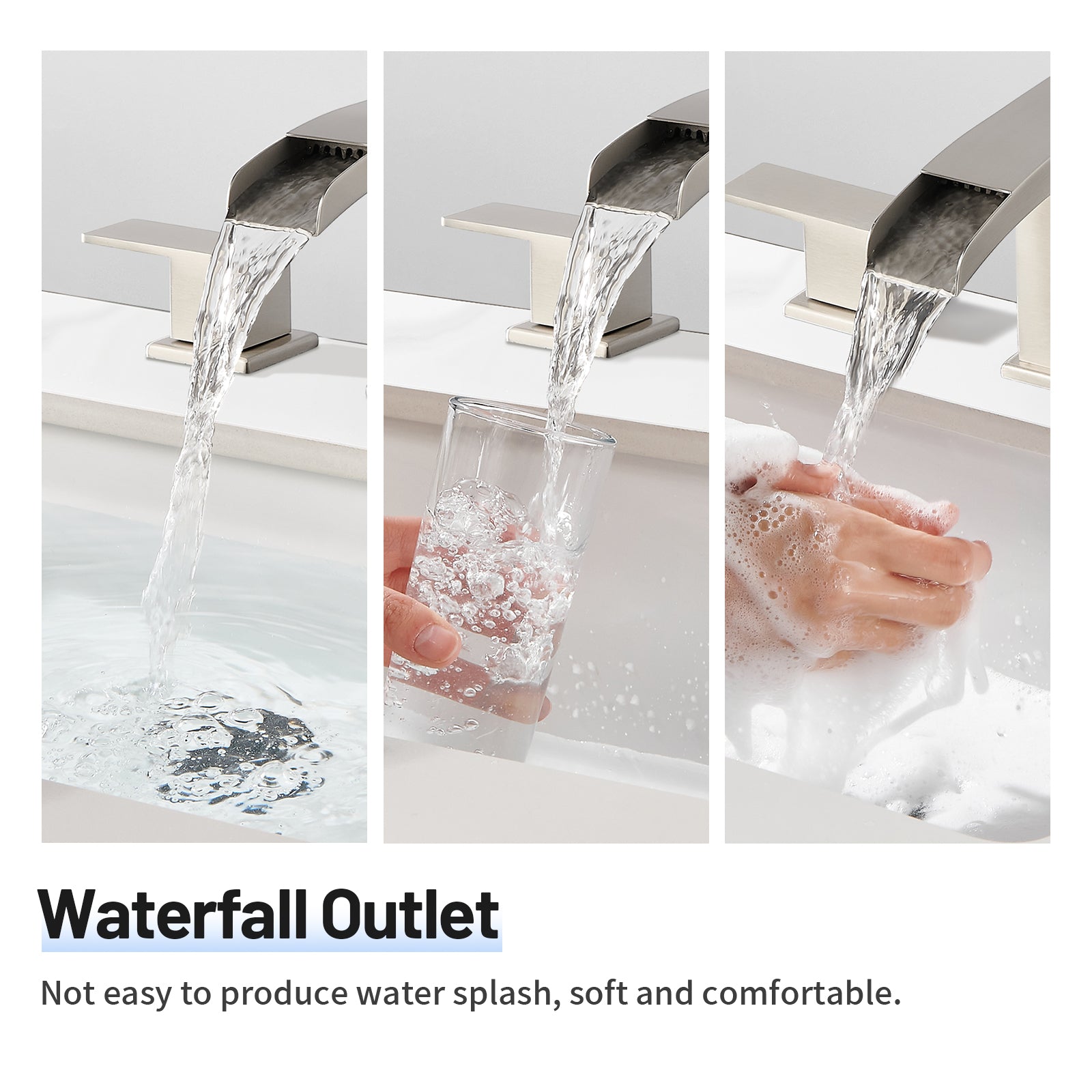 Waterfall 304 stainless steel 8 in. Widespread Double Handle Bathroom Faucet with Drain Kit Included in Brushed Nickel